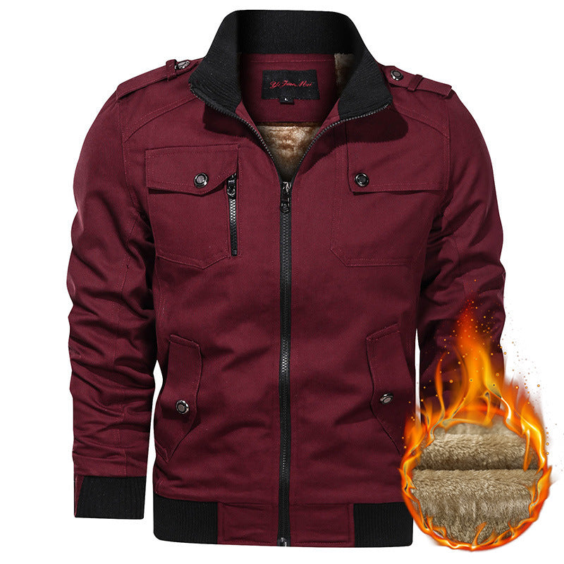 Fleece-lined Thickened Korean Style Casual Polo Collar Flight Jacket Warm-keeping Cotton Clothing