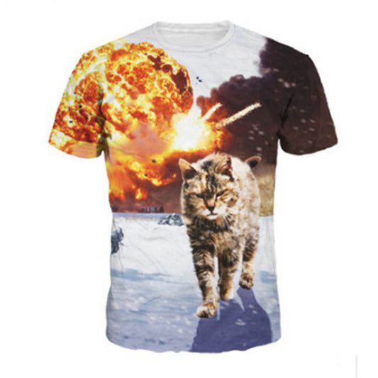 3D Lightning Cat Digital Print Loose Short Sleeve