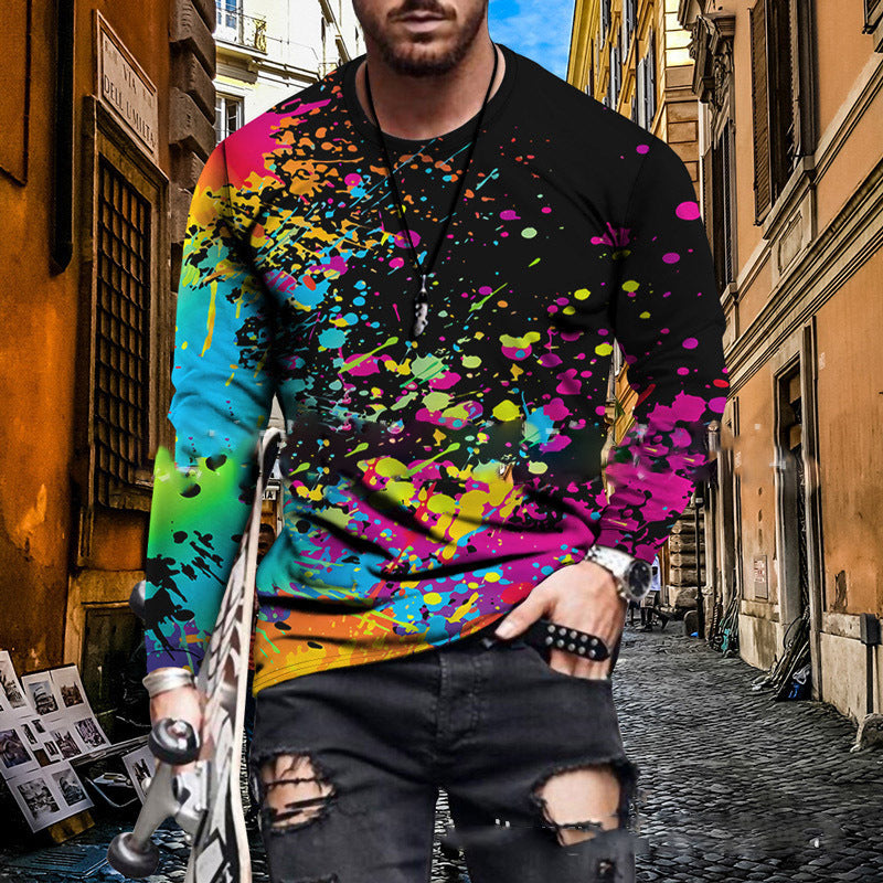 Fashion Round Neck Splash Color Printing 3D Long-sleeved T-shirt