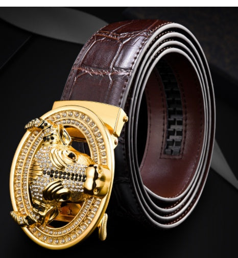 Automatic Buckle Leather With Diamond-studded Pattern Bull Head Belt