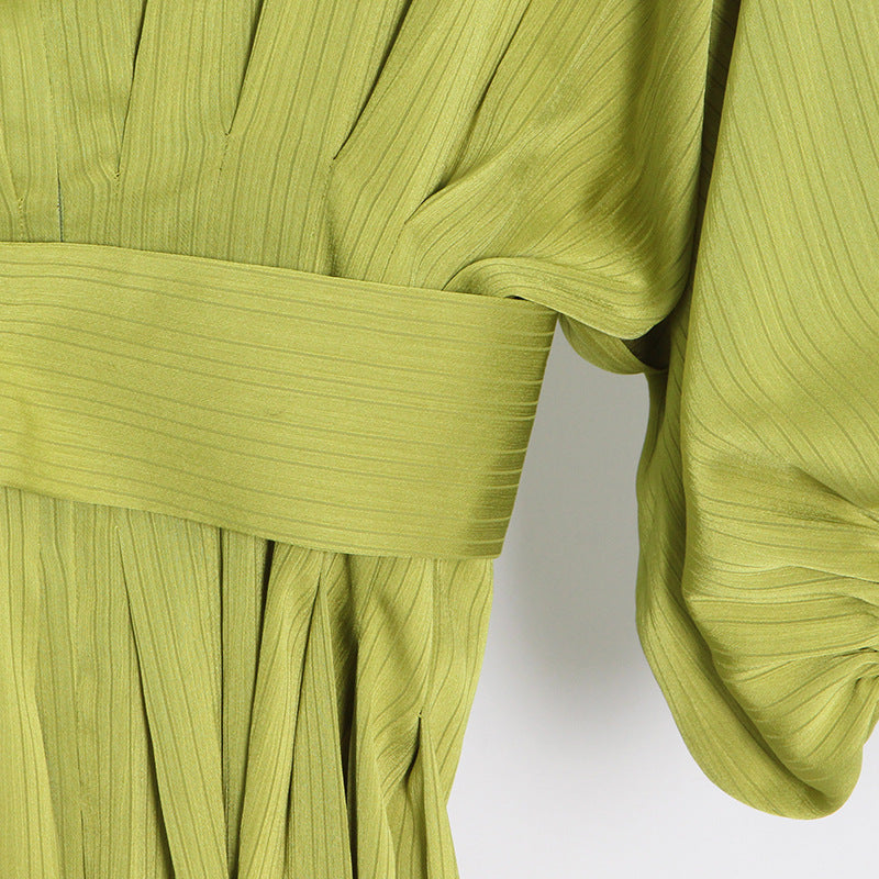 Long Sleeve Belt Waist Tight Solid Color Dress