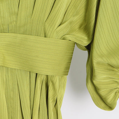 Long Sleeve Belt Waist Tight Solid Color Dress