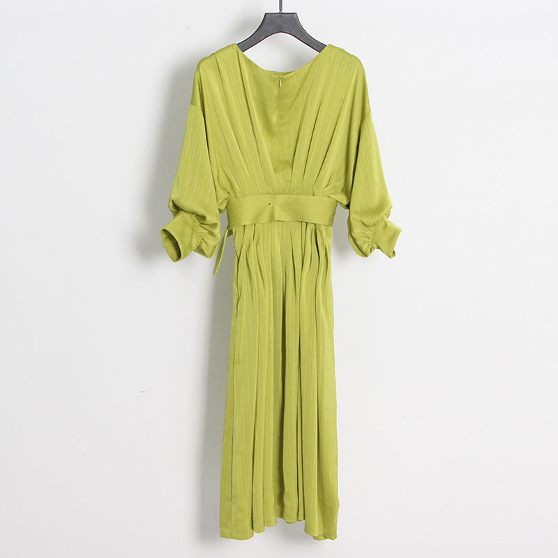 Long Sleeve Belt Waist Tight Solid Color Dress