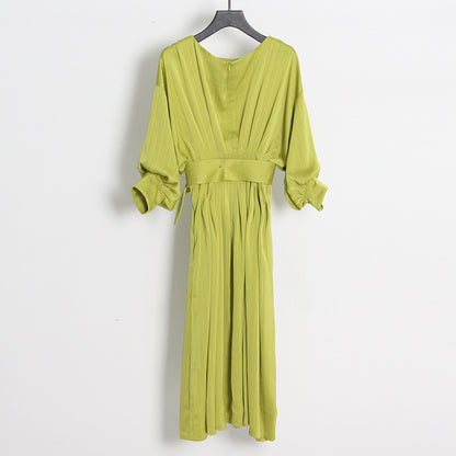 Long Sleeve Belt Waist Tight Solid Color Dress