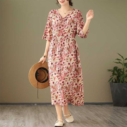 V-neck Half Sleeve Ethnic Print Summer Dress