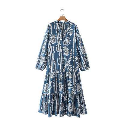 European And American Women's Clothing Fashionable Temperament Layered Stitching Printing Dress