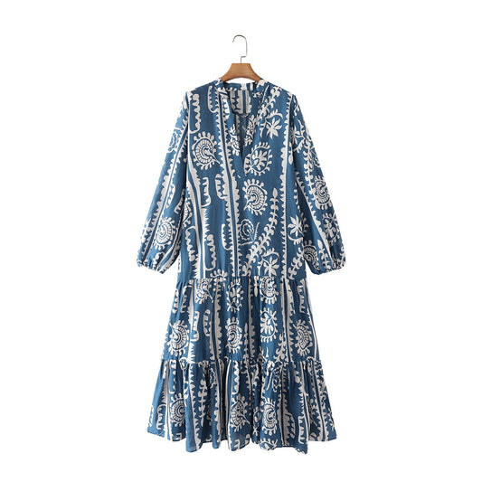 European And American Women's Clothing Fashionable Temperament Layered Stitching Printing Dress