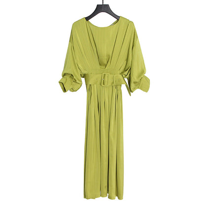 Long Sleeve Belt Waist Tight Solid Color Dress