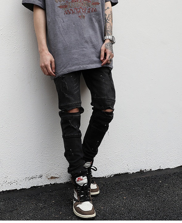 Elastic feet ripped trousers