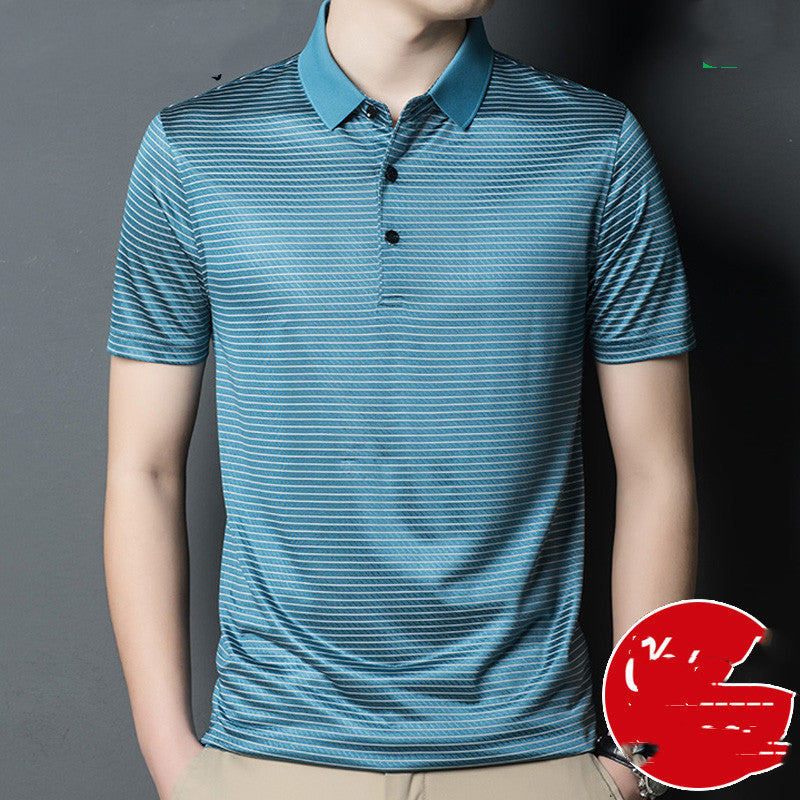 Woodpecker Silk Short-sleeved T-shirt Men Silk 40 Years Old 50 Dad Packed Middle-aged Mens Ice Silk Striped Loose