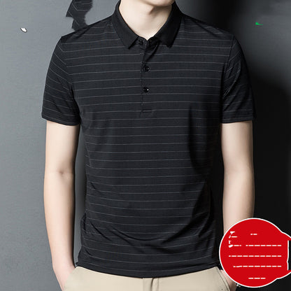 Woodpecker Silk Short-sleeved T-shirt Men Silk 40 Years Old 50 Dad Packed Middle-aged Mens Ice Silk Striped Loose