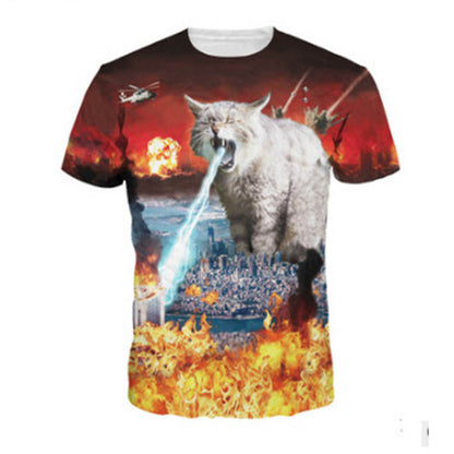 3D Lightning Cat Digital Print Loose Short Sleeve