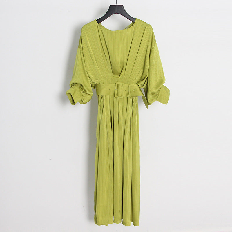 Long Sleeve Belt Waist Tight Solid Color Dress