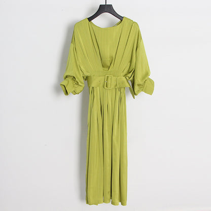 Long Sleeve Belt Waist Tight Solid Color Dress