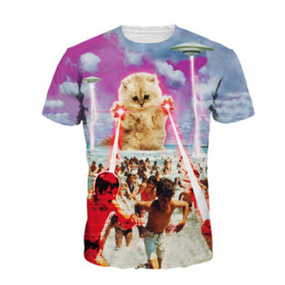 3D Lightning Cat Digital Print Loose Short Sleeve