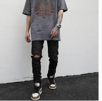 Elastic feet ripped trousers