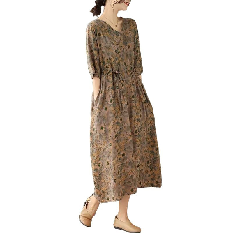 V-neck Half Sleeve Ethnic Print Summer Dress