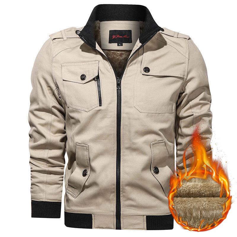 Fleece-lined Thickened Korean Style Casual Polo Collar Flight Jacket Warm-keeping Cotton Clothing