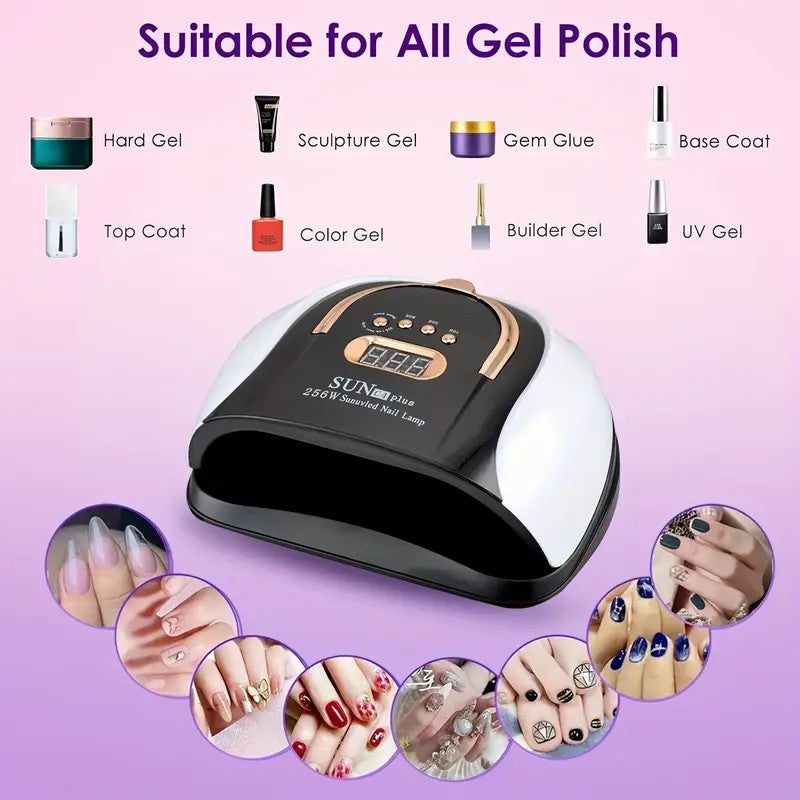 256W High-Power UV LED Nail Lamp With 4 Timer Settings, Automatic Sensor & Smart Display - Fast Gel Polish Curing, Purple & Black Design, Ergonomic Handle For Professional Manicures