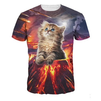3D Lightning Cat Digital Print Loose Short Sleeve