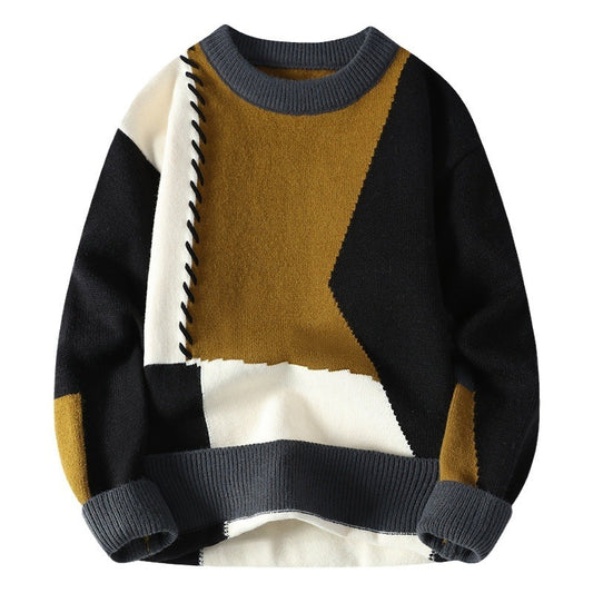 Vintage Sweater Men's Color Contrast Patchwork Round Neck Loose Knitted Sweater