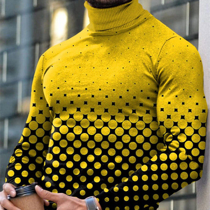 Autumn Winter Men's Long Sleeve Turtleneck T Shirt Printed Casual Top