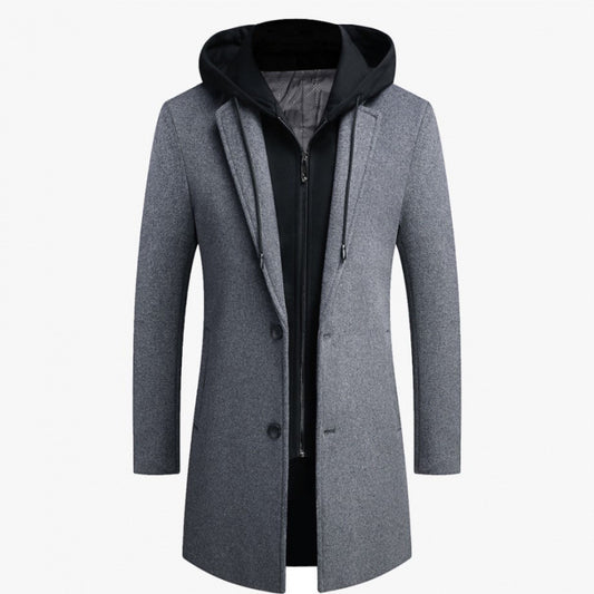Men's Casual Woolen Coat Mid-length Detachable Hat Jacket
