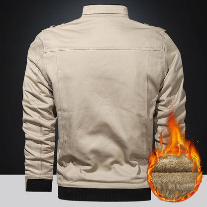 Fleece-lined Thickened Korean Style Casual Polo Collar Flight Jacket Warm-keeping Cotton Clothing