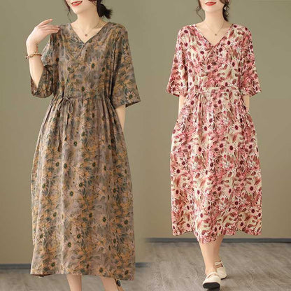 V-neck Half Sleeve Ethnic Print Summer Dress