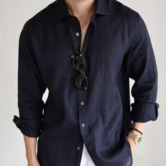 Cotton Linen Blended Yarn-dyed Long-sleeved Casual Business Style Solid Color Shirt