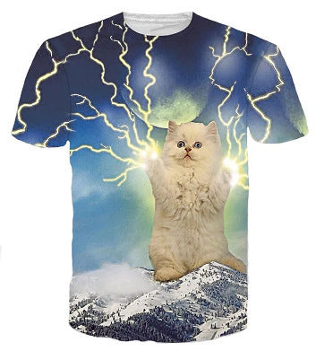3D Lightning Cat Digital Print Loose Short Sleeve