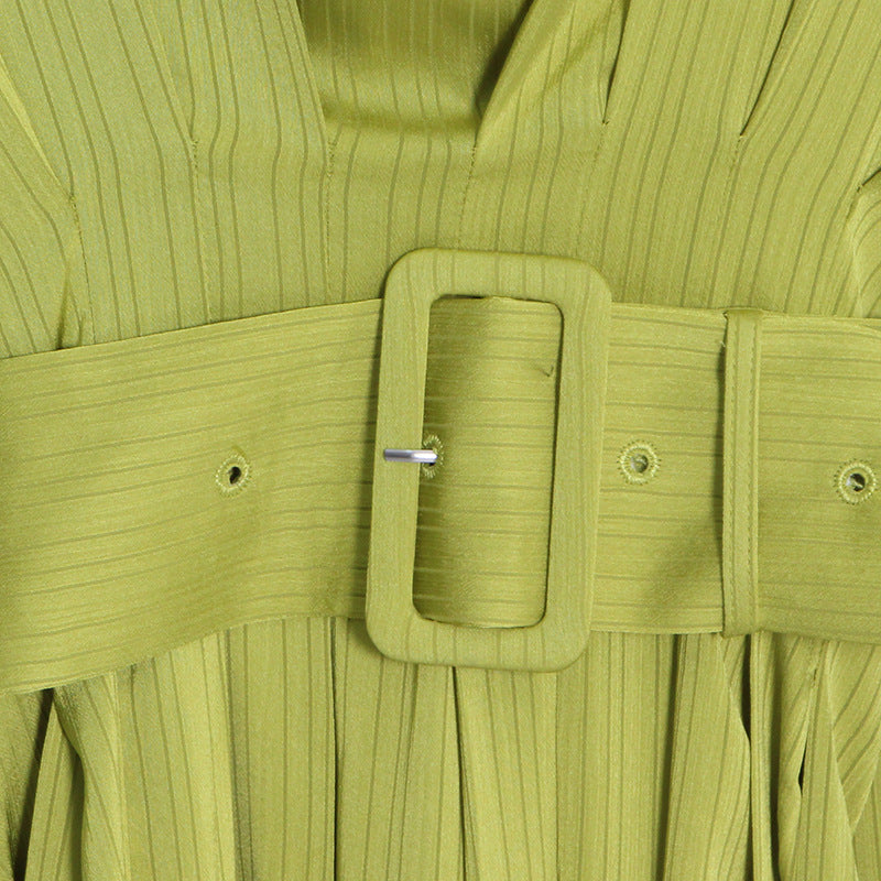 Long Sleeve Belt Waist Tight Solid Color Dress