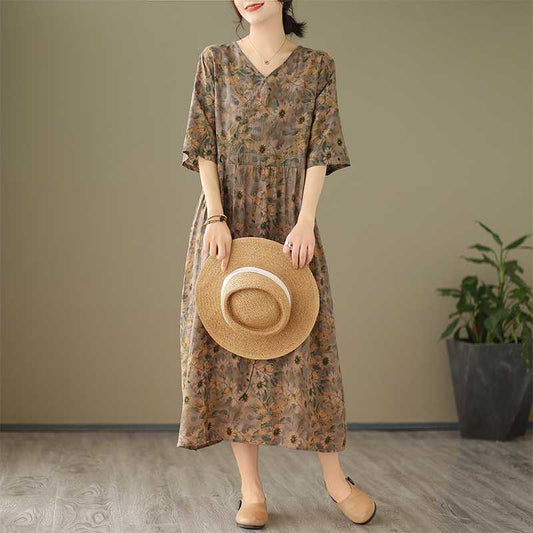 V-neck Half Sleeve Ethnic Print Summer Dress