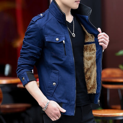 Fleece-lined Thickened Korean Style Casual Polo Collar Flight Jacket Warm-keeping Cotton Clothing