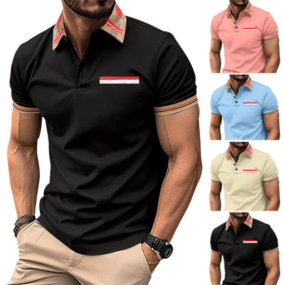 Color Matching Polo Collar Stripes Versatile T-shirt