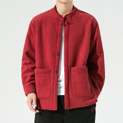 Men's Hanfu Stand Collar Buckle Corduroy Fleece Warm Jacket