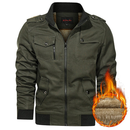 Fleece-lined Thickened Korean Style Casual Polo Collar Flight Jacket Warm-keeping Cotton Clothing