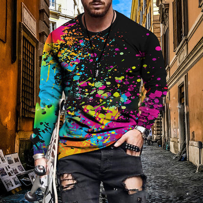 Fashion Round Neck Splash Color Printing 3D Long-sleeved T-shirt