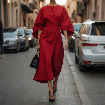 Plus Size Women's Elegant Solid Color Round Neck Mid-Sleeve Maxi Dress Waist-Defining Pleated Design For Office, Party, Wedding Guest